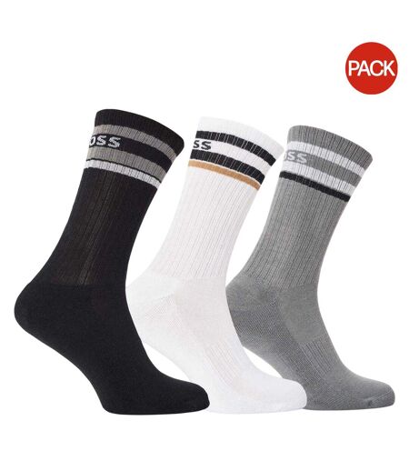 Pack Of 3  Mens Contrast Striped Crew Socks  Black Grey White Boss