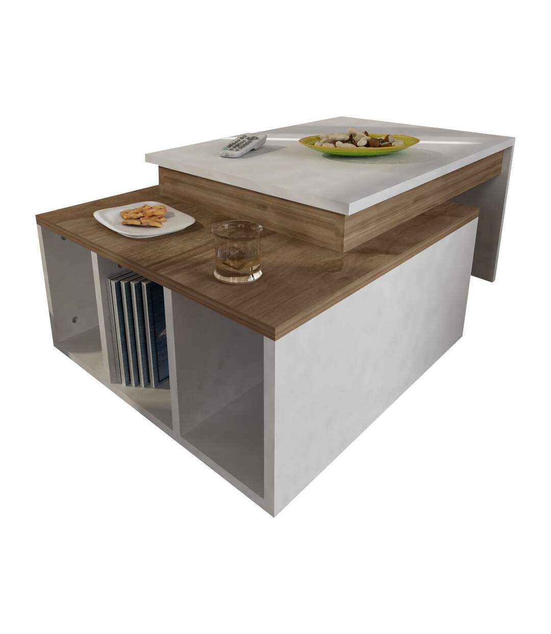 Table basse sur 2 niveaux avec 3 niches de rangement - Blanc et Marron-5