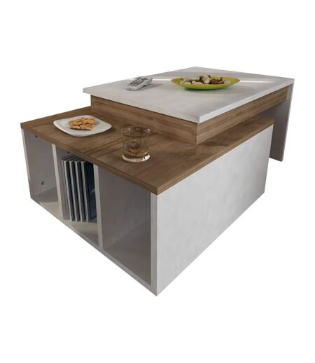 Table basse sur 2 niveaux avec 3 niches de rangement - Blanc et Marron