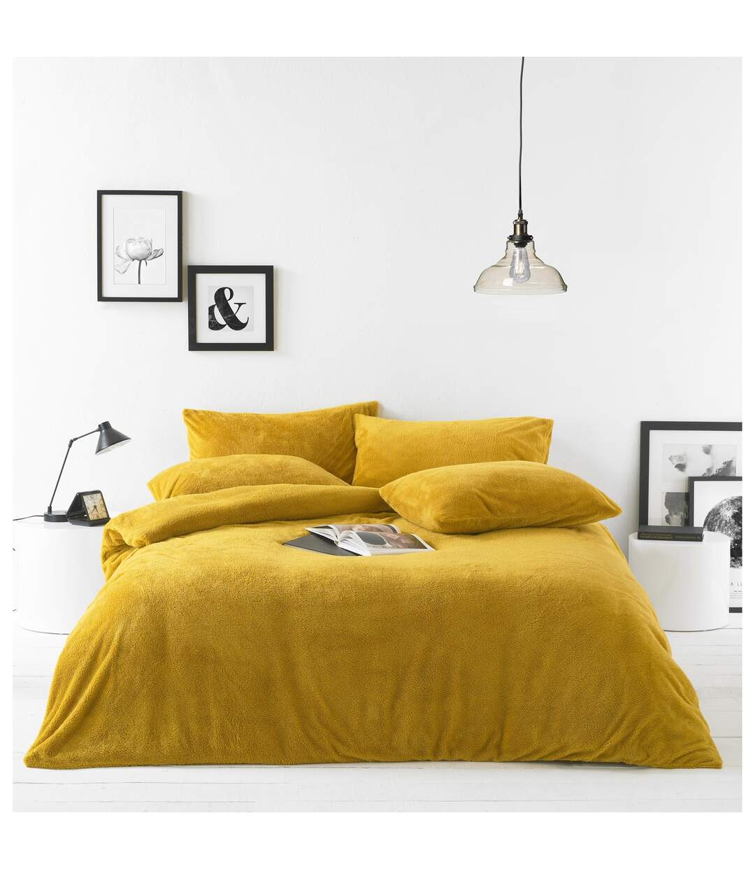 Sherpa fleece fabric duvet cover set ochre yellow Furn-1