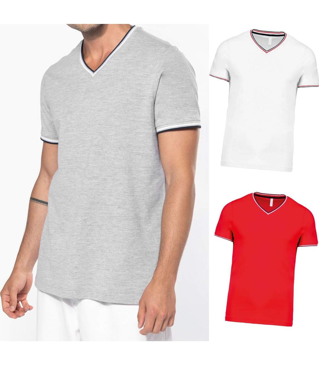 Lot 3 T-shirts manches courtes coton piqué col V K374 - gris - rouge - blanc - homme