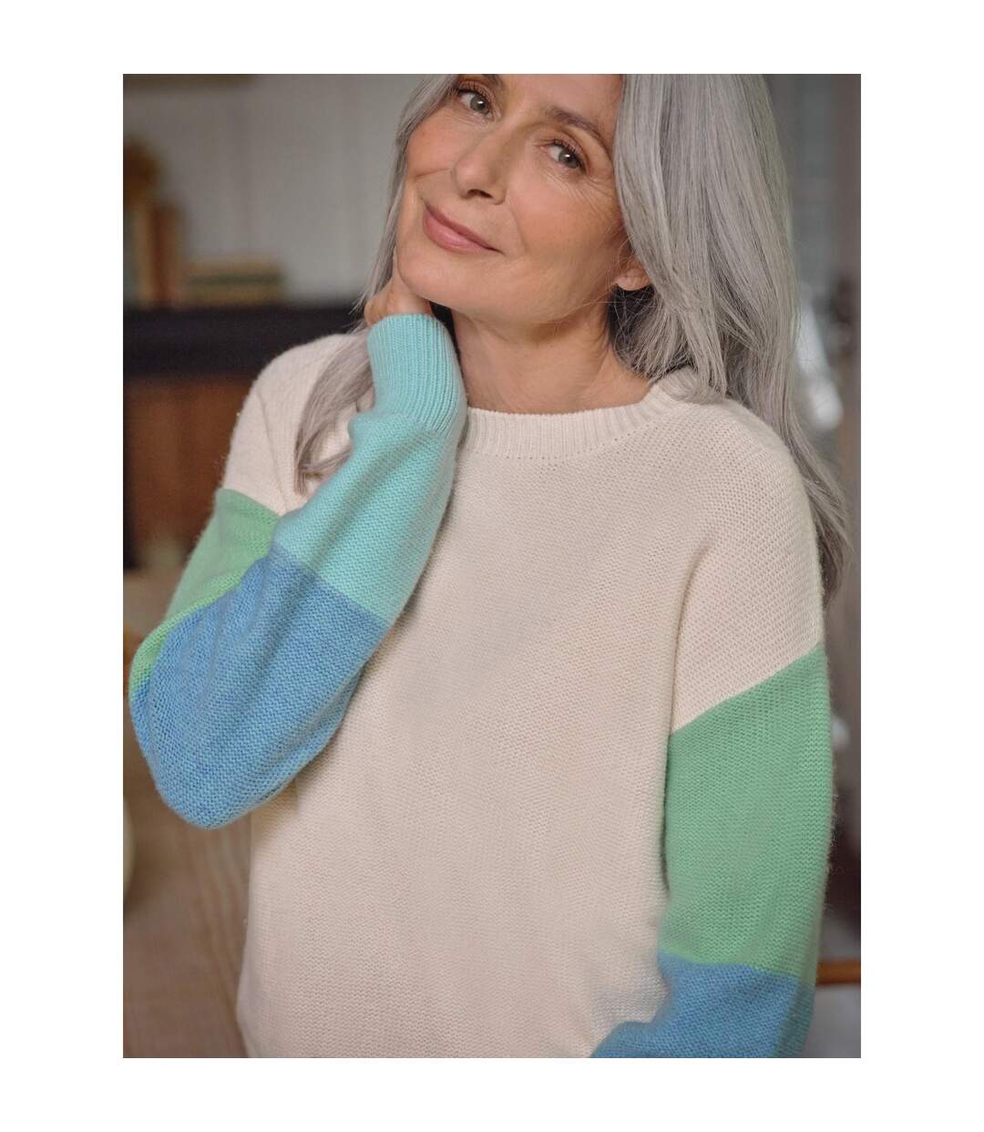 Womens/ladies Colour Block Crew Neck Jumper Cream WoolOvers-2