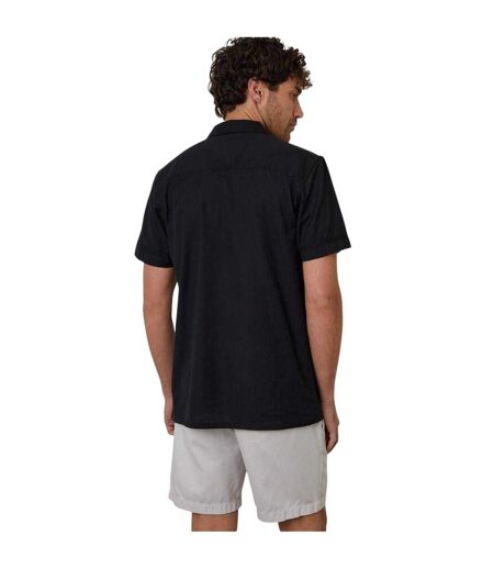 Mens Embroidered Collared Short-sleeved Bowling Shirt Black Threadbare