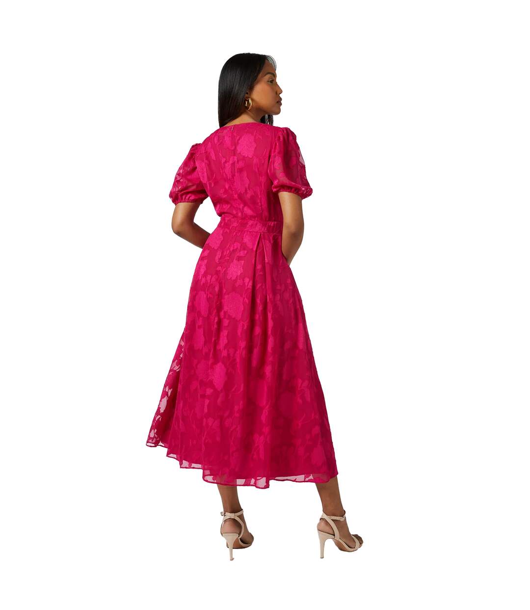Womens/ladies Floral Jacquard Puff Sleeve Midi Dress Pink Principles-2