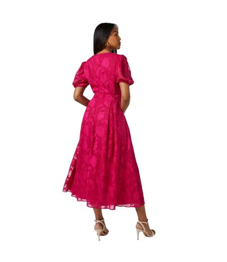 Womens/ladies Floral Jacquard Puff Sleeve Midi Dress Pink Principles