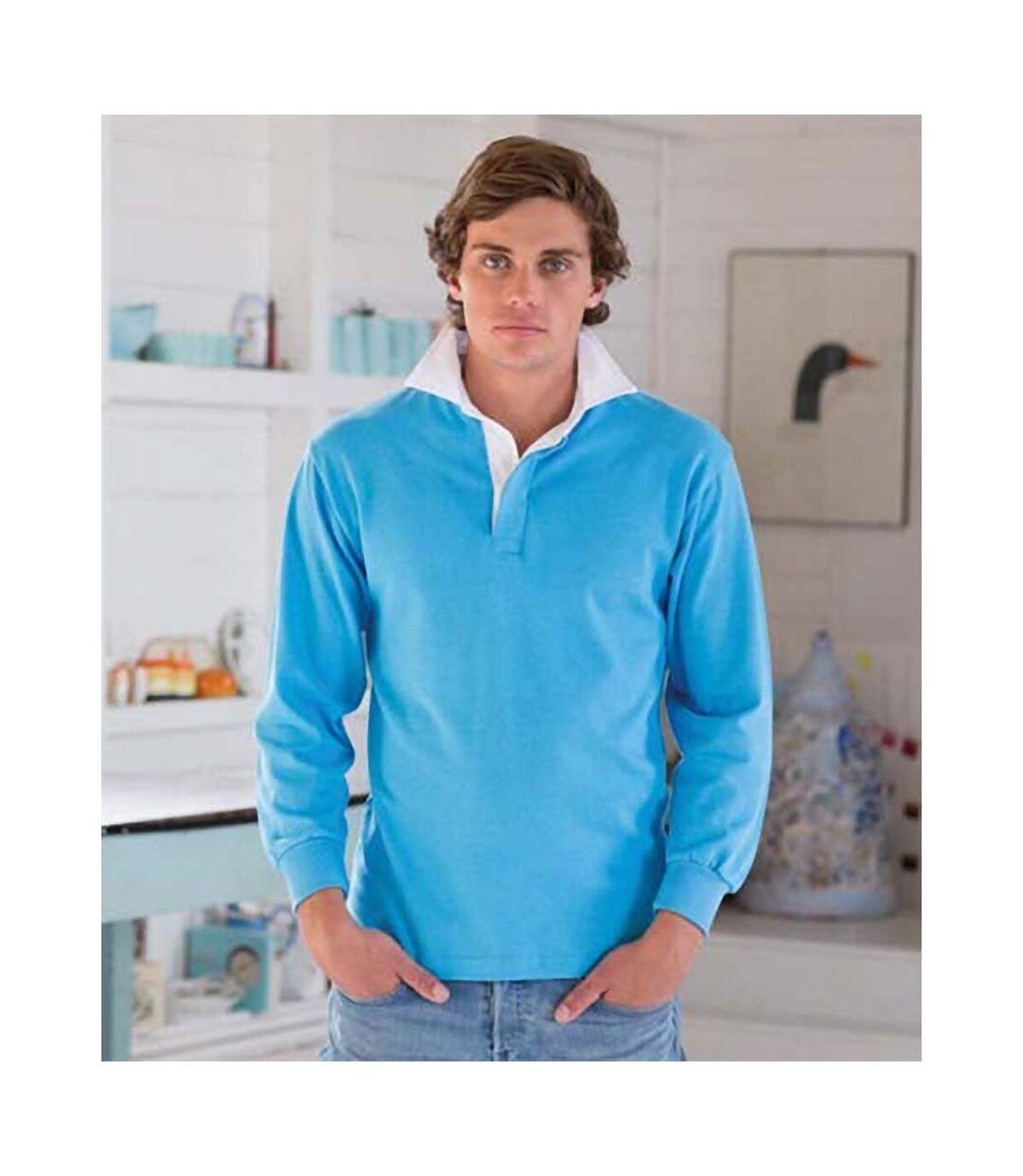 Front Row Long Sleeve Classic Rugby Polo Shirt (Surf Blue/White) - UTRW478