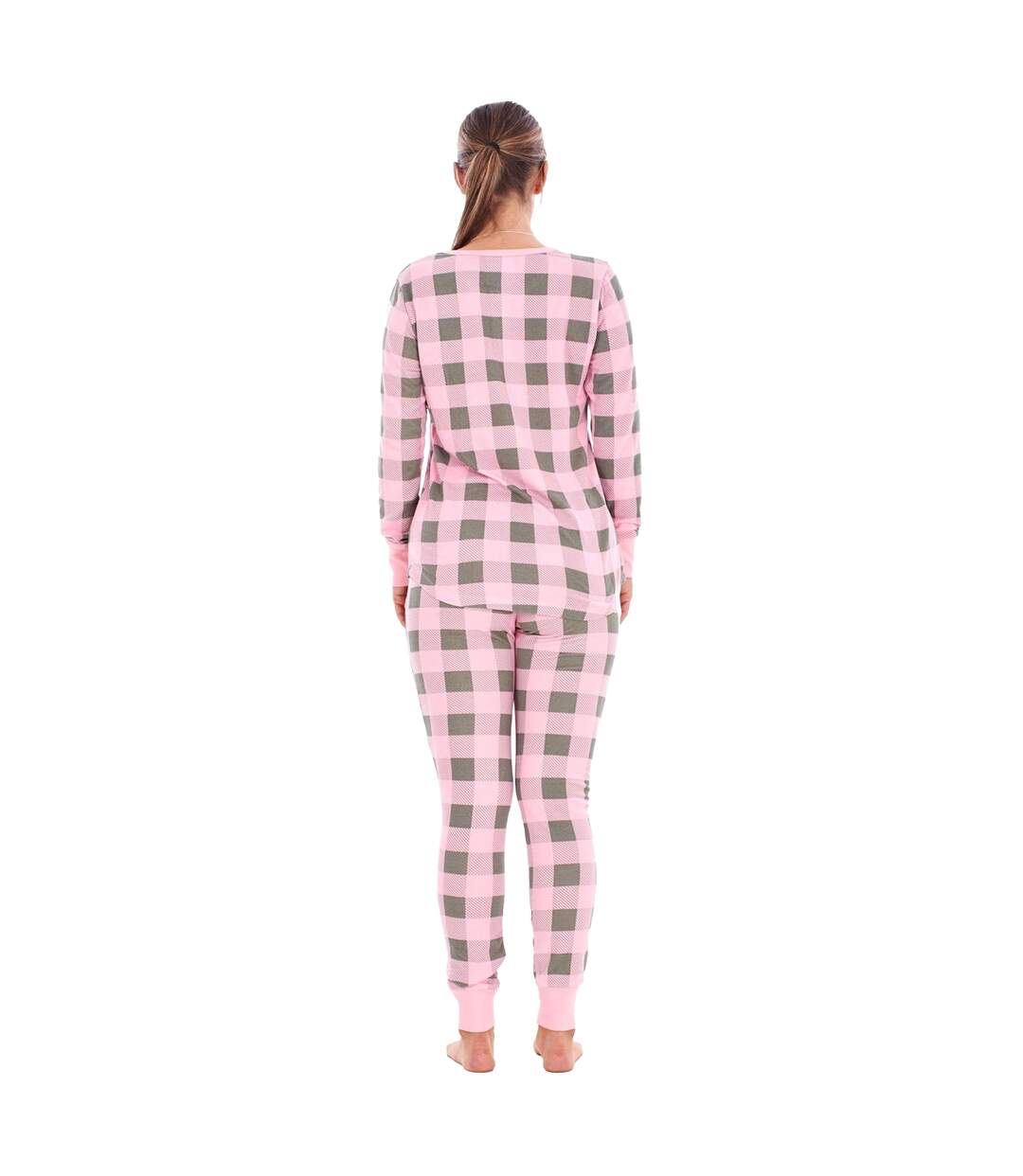 Womens/ladies Buffalo Check Thermal Long Pyjama Set Pink Grey Keanu-2