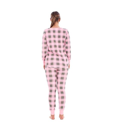 Womens/ladies Buffalo Check Thermal Long Pyjama Set Pink Grey Keanu