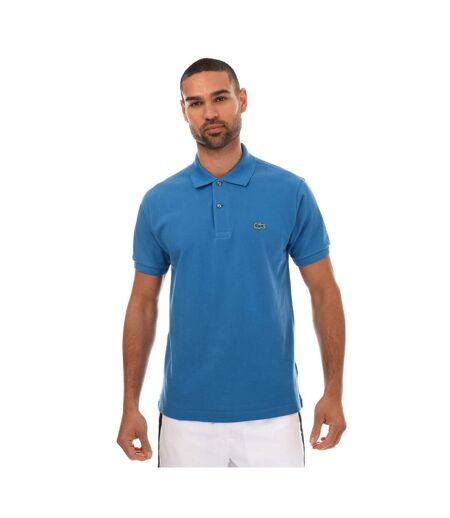 Mens Ribbed Collar Short-sleeved Polo Shirt Blue Lacoste