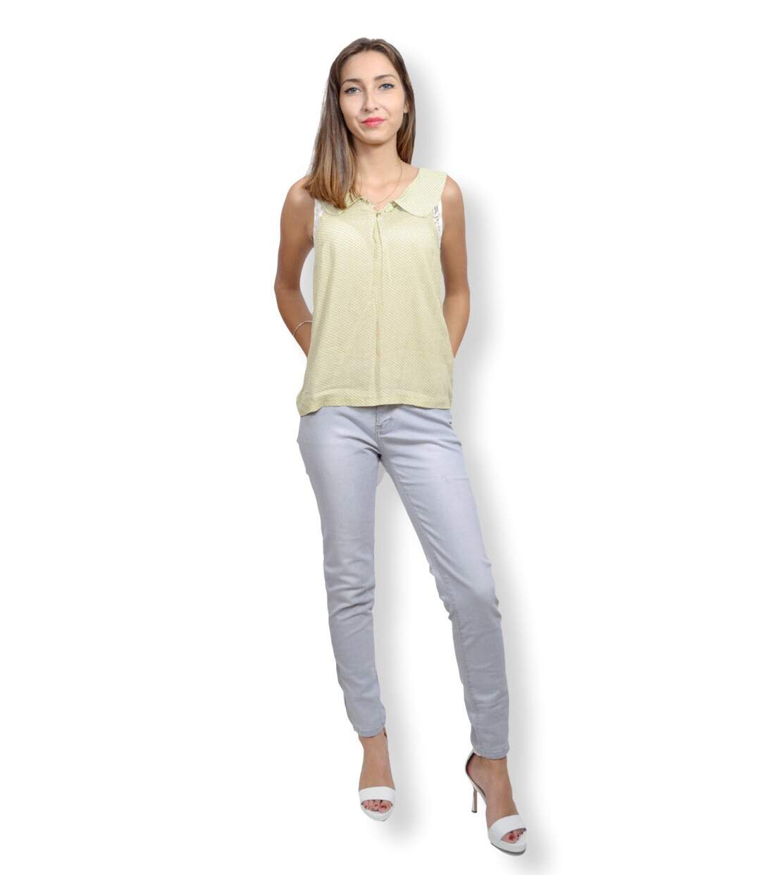 Chemise femme sans manche motifs imprimés de couleur jaune-5