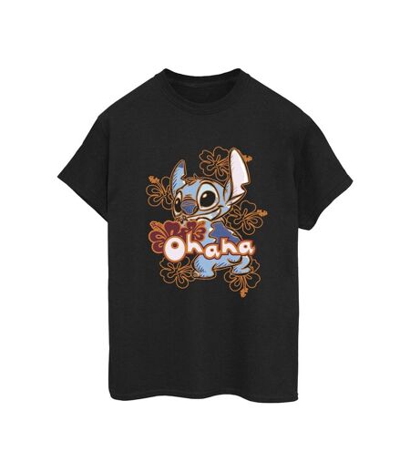 Disney Womens/Ladies Lilo And Stitch Ohana Orange Hibiscus Cotton Boyfriend T-Shirt (Noir) - UTBI30222