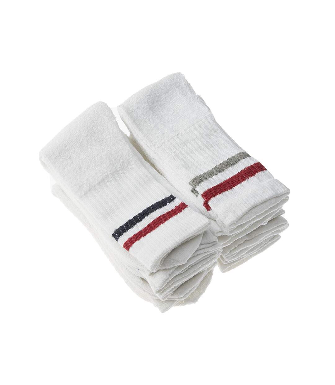 Chaussette Niveau mollet - Lot de 10 - Semelle bouclette - Rayures - Multisport - Epaisse - Coton - Blanc