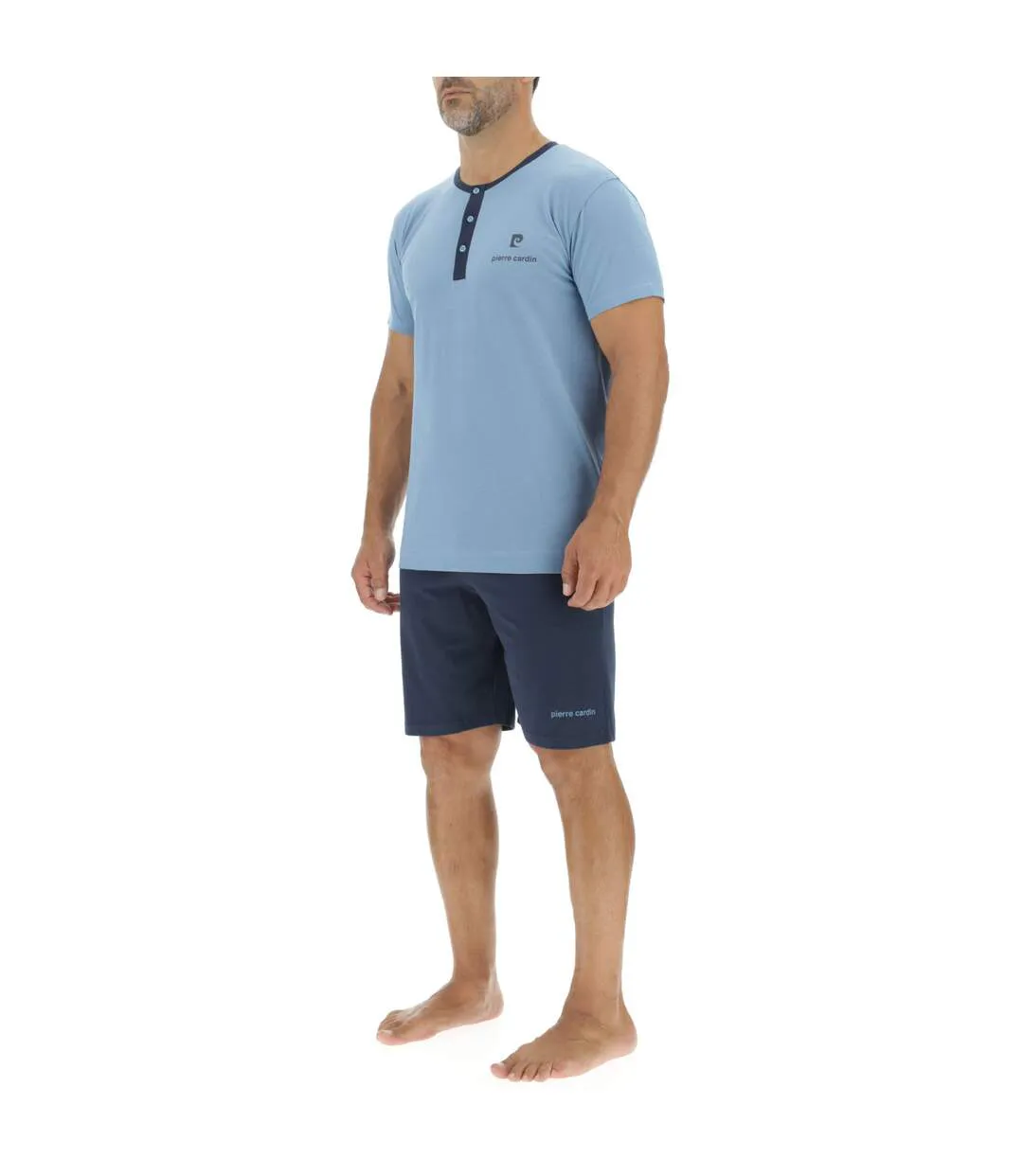 Ensemble Pyjama court homme en coton uni col boutonné & Logo poitrine Pierre Cardin-3