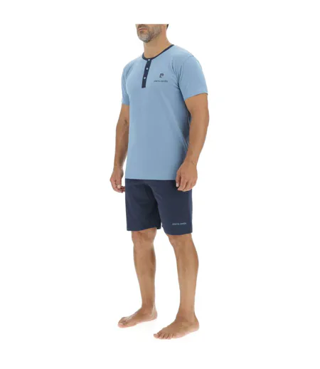 Ensemble Pyjama court homme en coton uni col boutonné & Logo poitrine Pierre Cardin