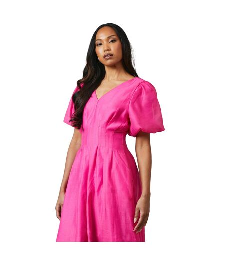 Womens/ladies pleated puff sleeve midi dress cerise Principles