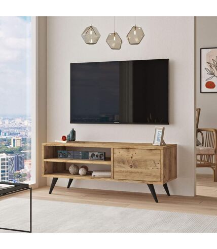 Meuble TV avec 2 niches de rangement ouvertes et une porte abattante en panneaux de particule