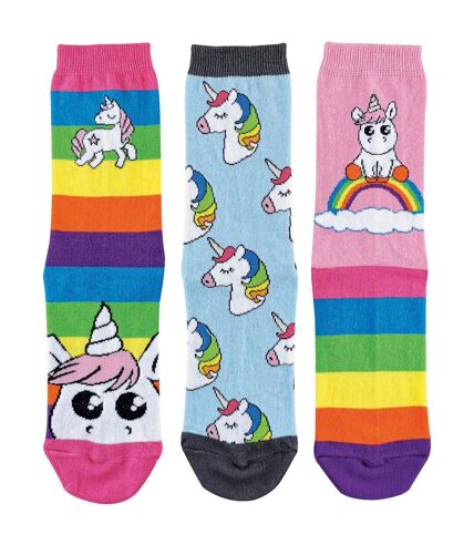 3 Pk Ladies Striped Rainbow Unicorn Socks