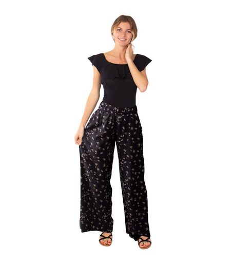 Pantalon fluide en viscose SANDY imprimé ethnique noir Coton Du Monde