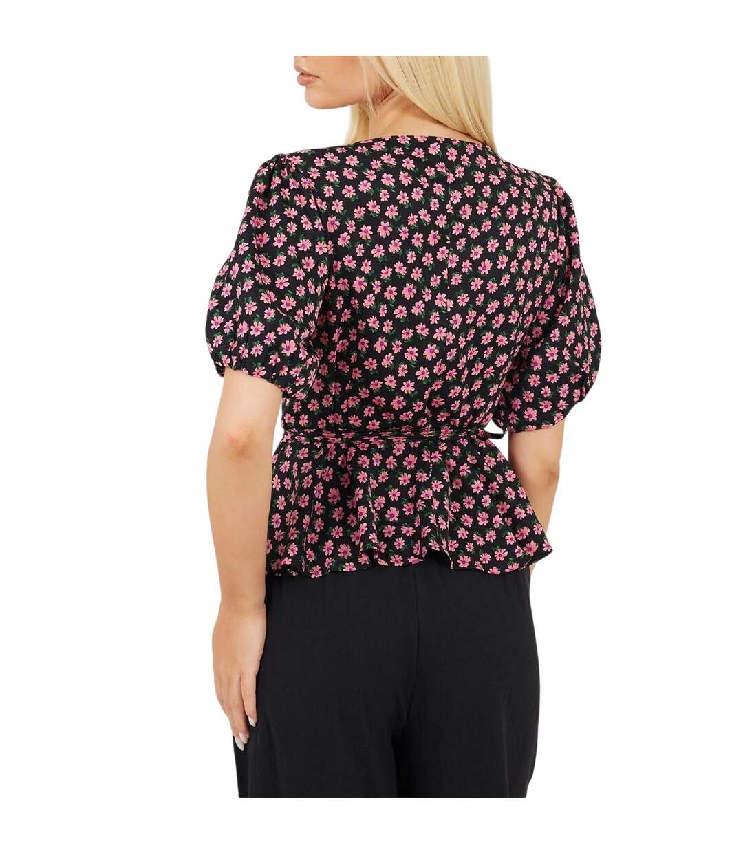 Womens/ladies V Neck Puff Sleeve Wrap Top Black Pink Brave Soul-3