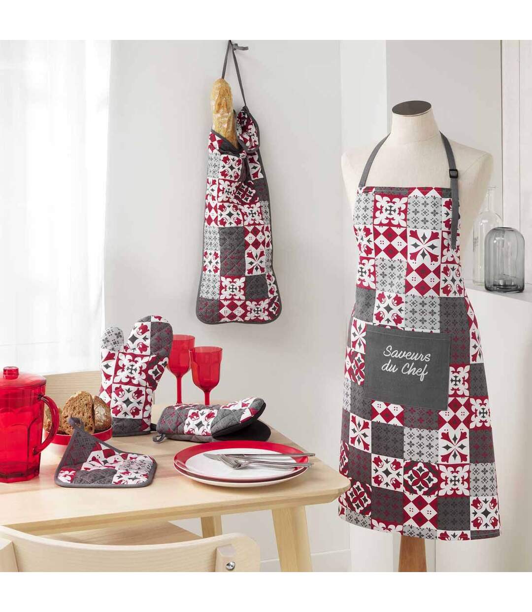 Tablier de Cuisine Credence 84cm Gris & Rouge-3