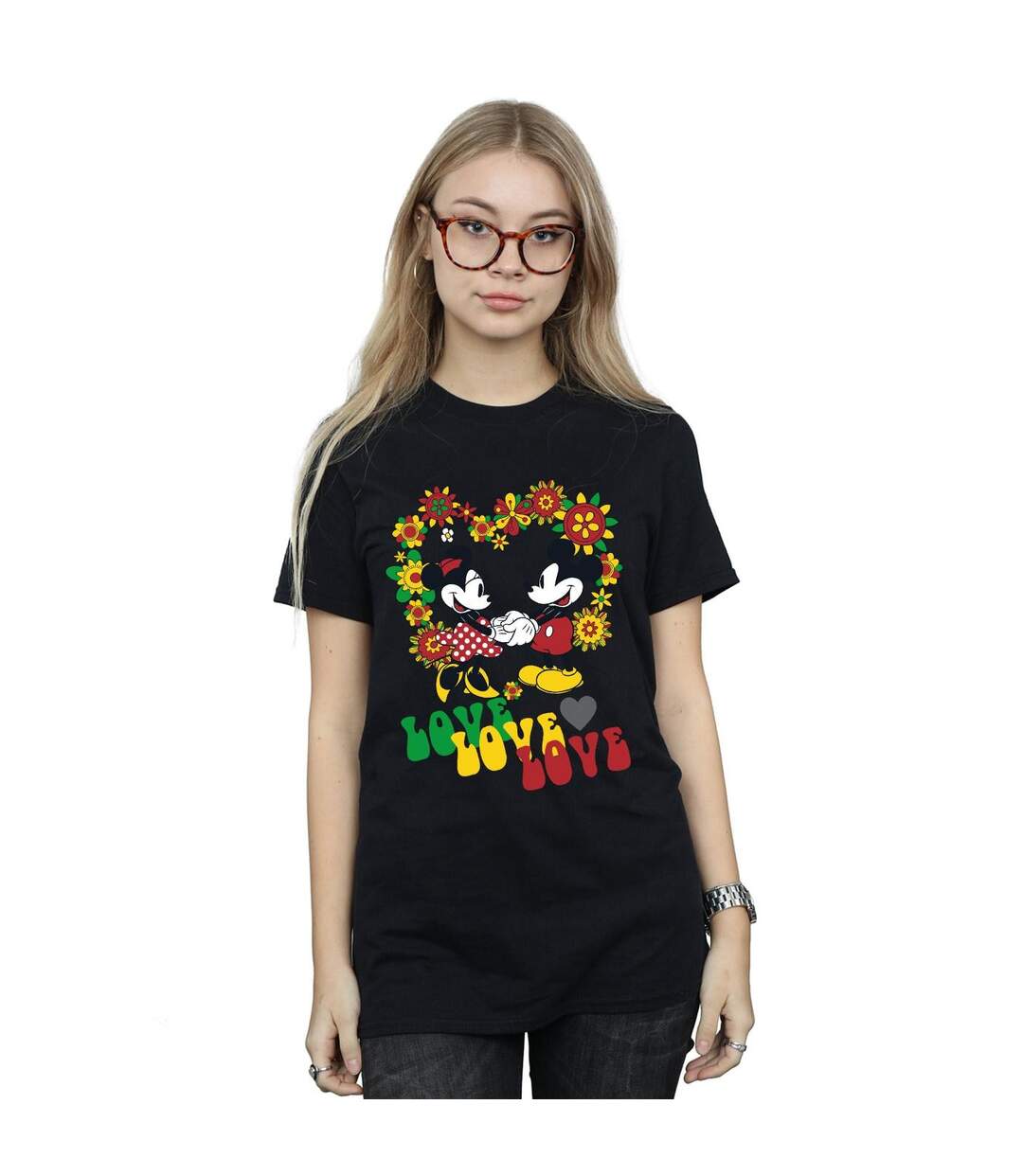 Disney Womens/Ladies Mickey And Minnie Mouse Hippie Love Cotton Boyfriend T-Shirt (Noir) - UTBI36174-2