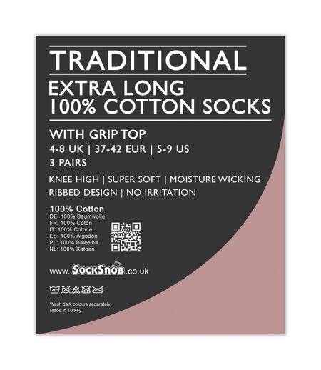 Ladies 3 Pack Knee High 100% Cotton Soft Breathable Socks