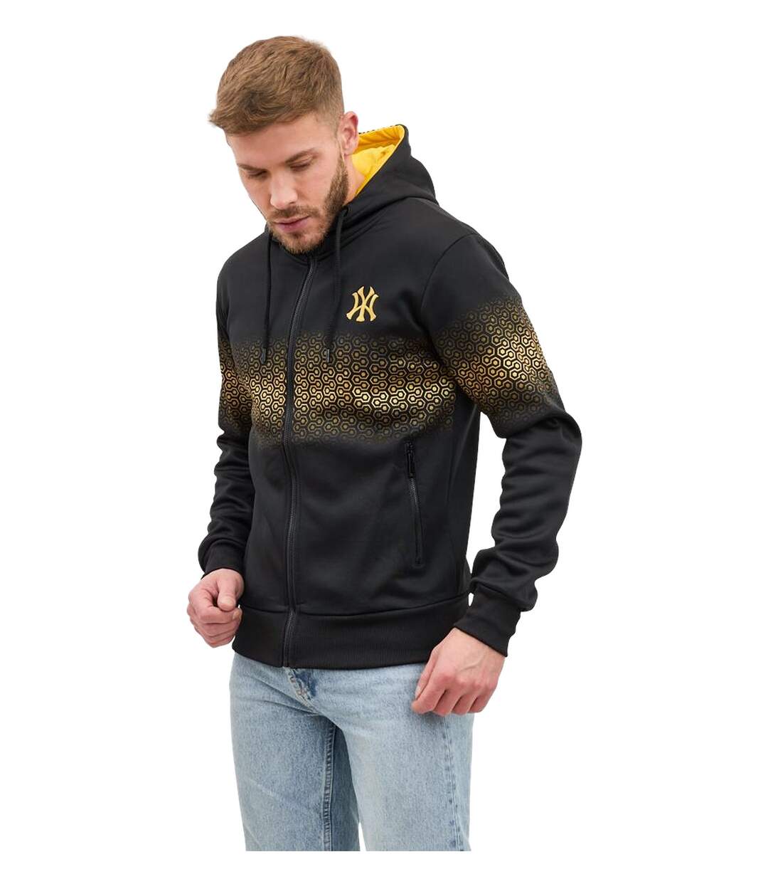 Gilet sweat capuche homme manches longues de couleur noir - Motif jaune