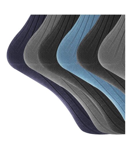 Mens 100% Cotton Ribbed Classic Socks (Pack Of 6) (Black/Grey/Blue) - UTMB144