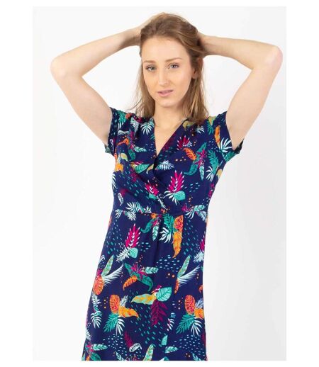 Robe courte effet cache cœur AMANDA imprimé tropical bleu Coton Du Monde