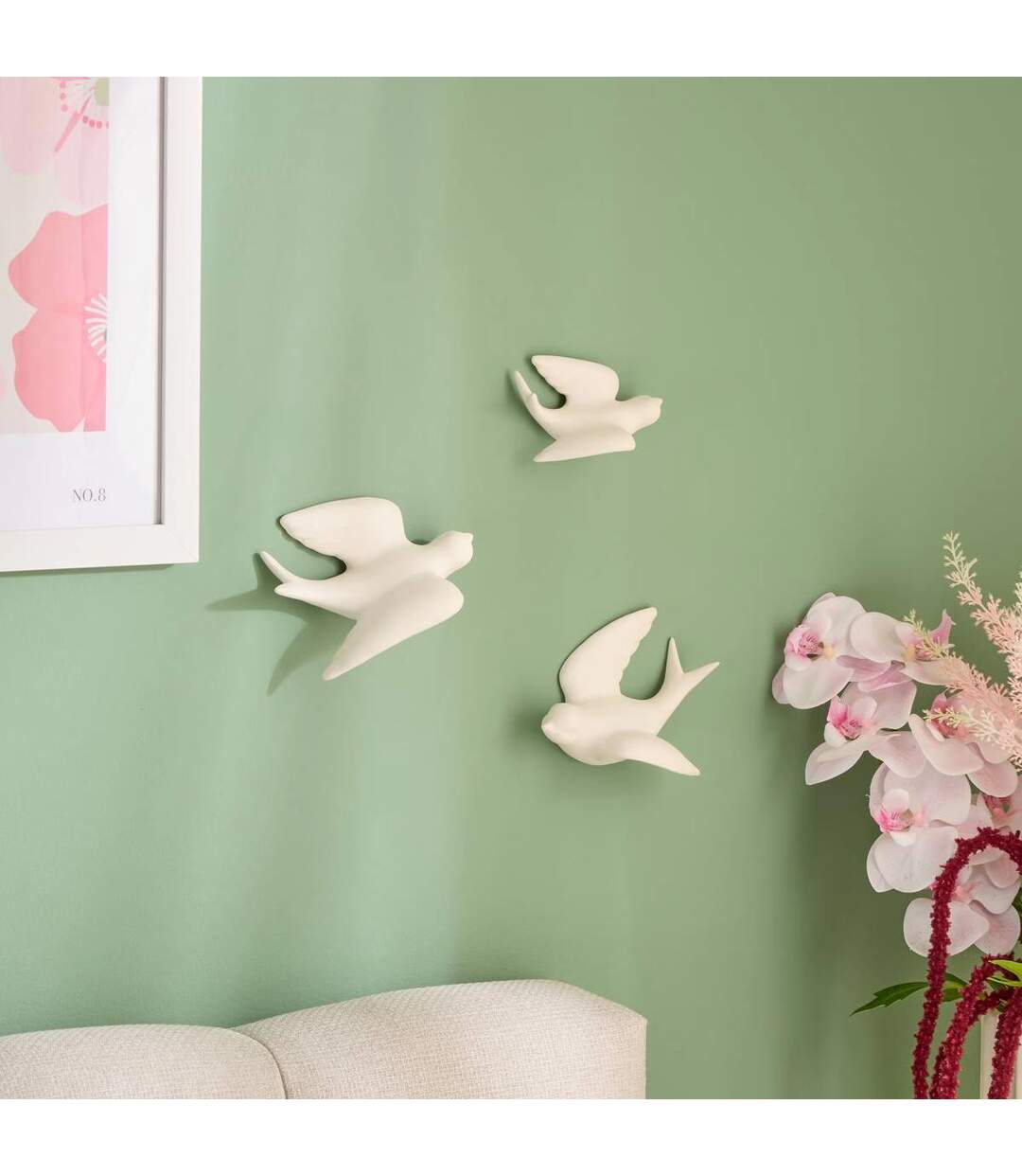 Lot de 3 Déco Murales Oiseaux Annie 15cm Blanc-3