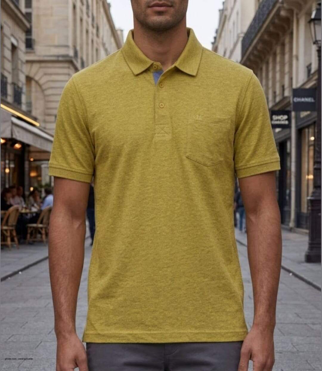 CHALLENGER RUSTICO3 : Polo manches courtes jaune chiné en maille piquée 100% coton avec finitions chambray-1