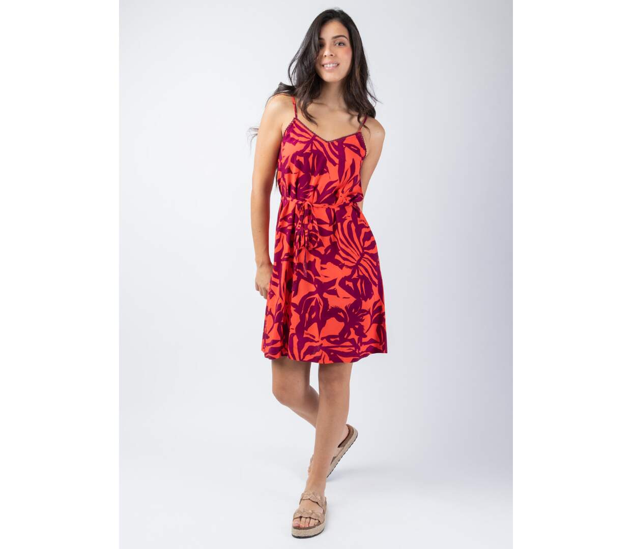 Robe courte fluide fines bretelles AMAYA motif ethnique orangé Coton Du Monde-3