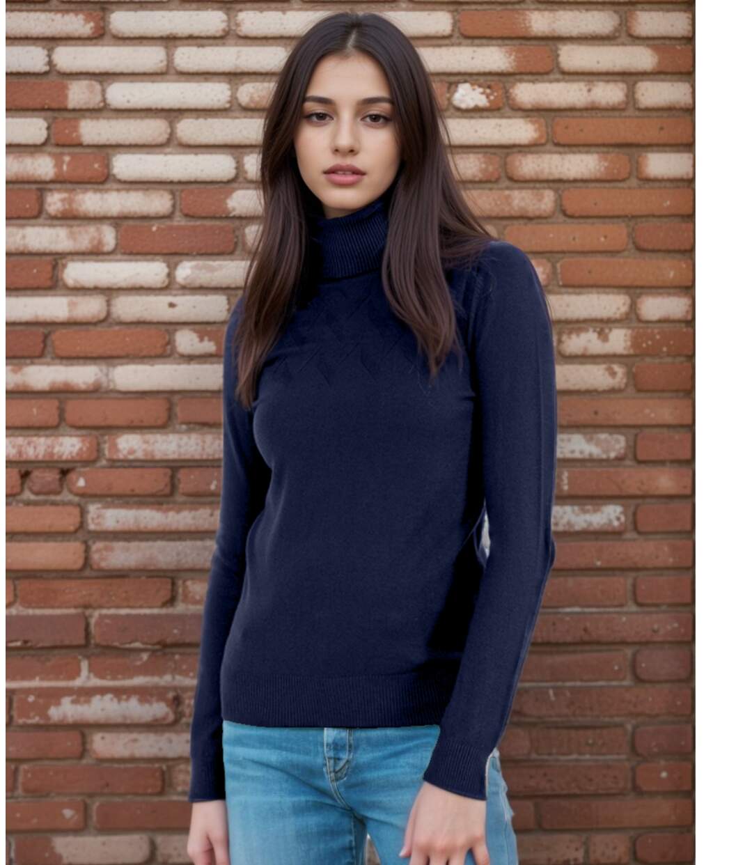 Pull femme manches longues - Col roulé - Couleur bleu marine-3