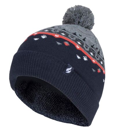 Mens Thin Patterned Knit Fleece Lined Pom Pom Hat for Winter