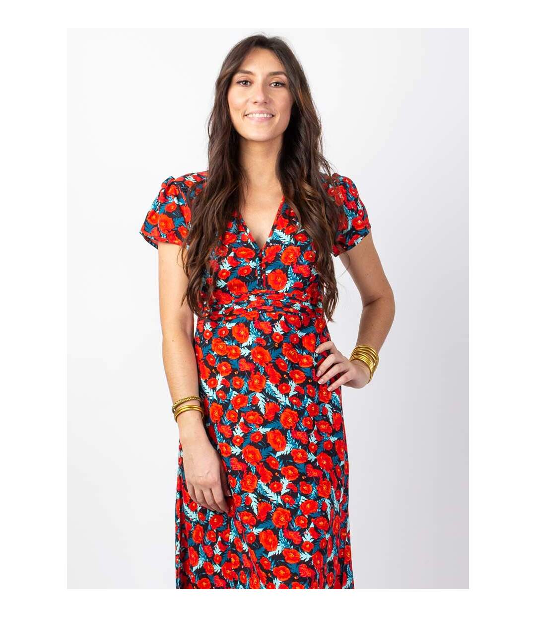 Robe longue fluide MARBELLA imprimé fleuri rouge Coton Du Monde