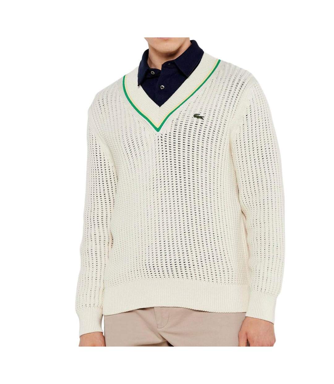 Pull blanc homme lacoste tennis rayures-1
