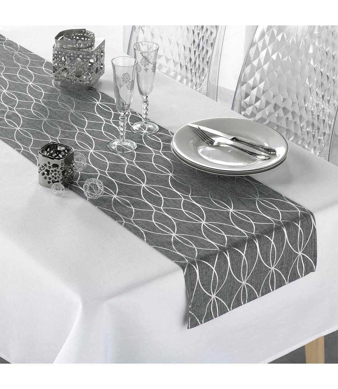 Nappe & Chemin de Table Elipsa 140x250cm Gris & Argent-3
