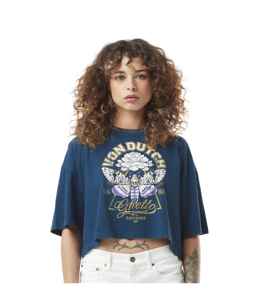 Crop top femme loose avec col constraté et print devant en coton Bu Vondutch-1