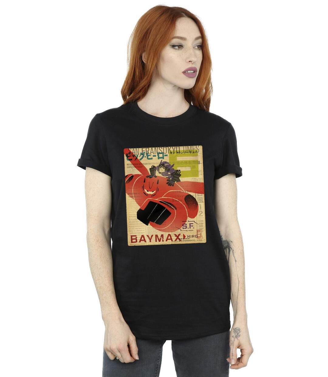 Disney Femme/Ladies Big Hero 6 Baymax Flying Baymax Newspaper Cotton Boyfriend T-Shirt (Noir) - UTBI15472-2