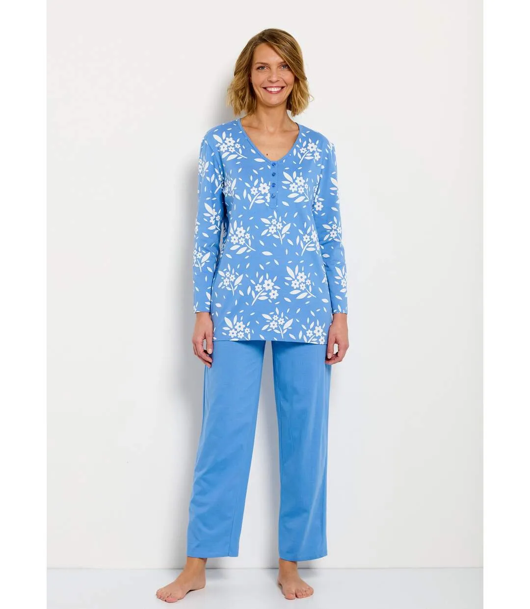 Pyjama col V boutonné coton manches longues-1