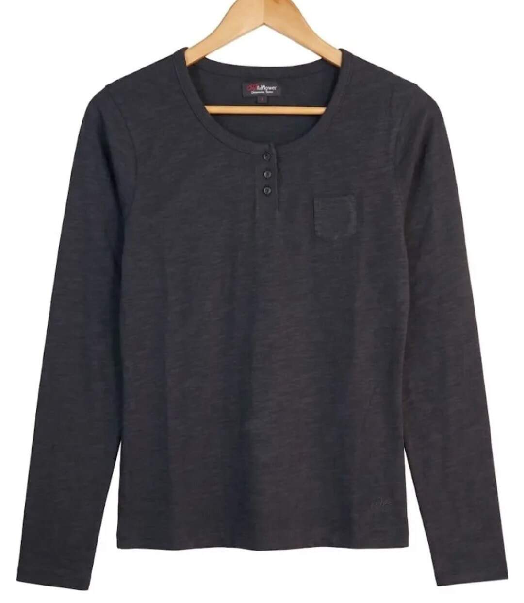 AXONE CHINA1N - Tee-shirt noir manches longues en coton flammé avec col 3 boutons et poche poitrine-2