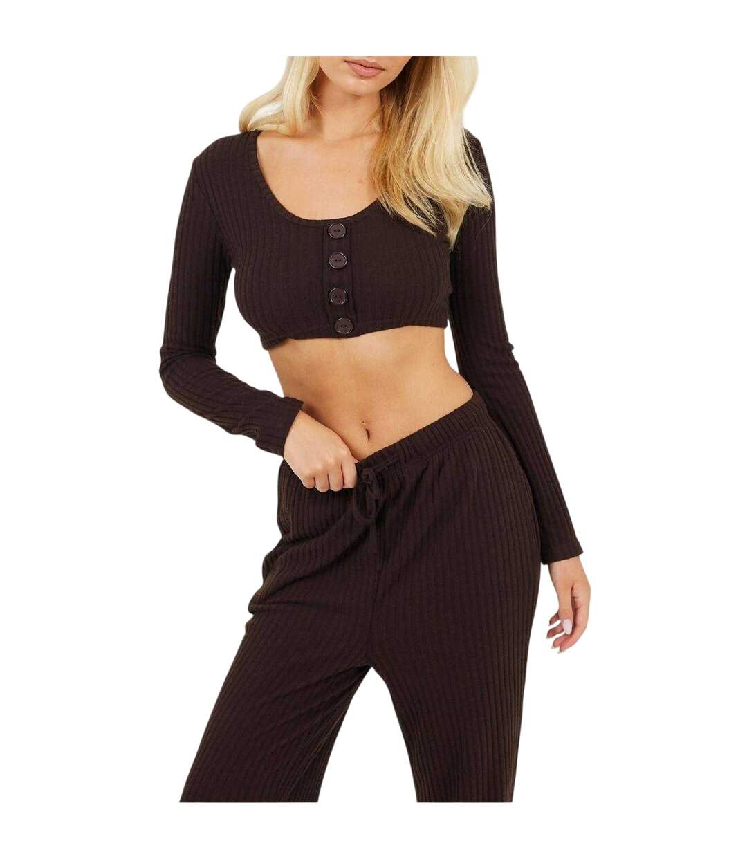 Womens/ladies Ribbed Loungewear Set Chocolate Brave Soul-4