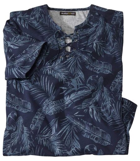 Men's Tropical Print Lace-Up T-Shirt - Blue
