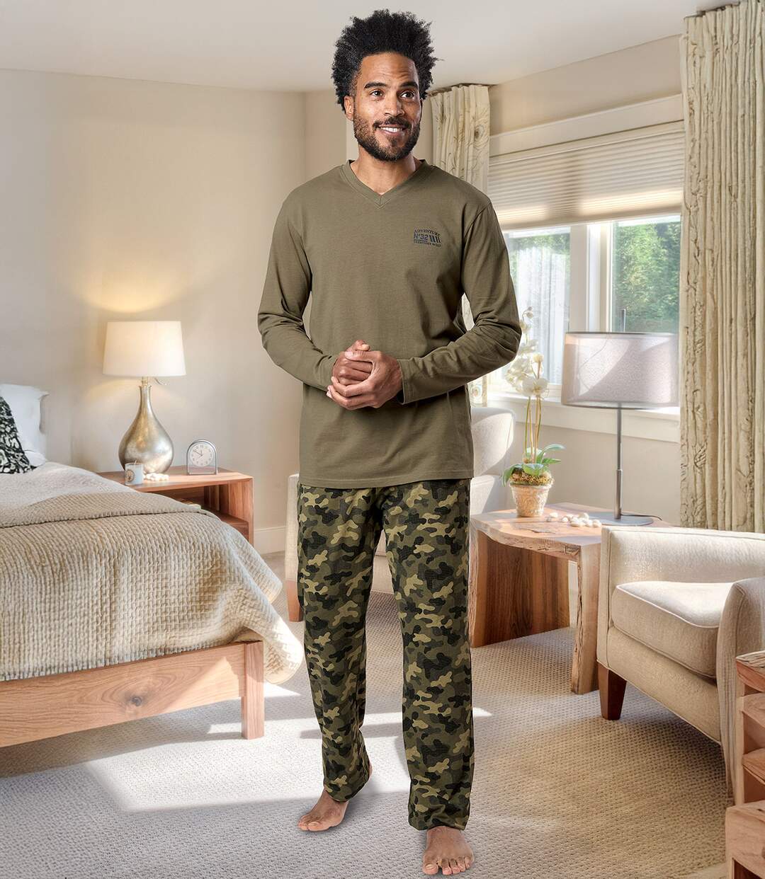 Men's Khaki Camouflage V-Neck Pyjamas-2