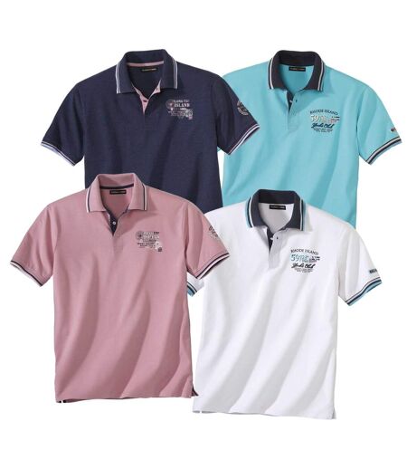 Pack of 4 Men's Nautical Polo Shirts - Turquoise White Navy Pink