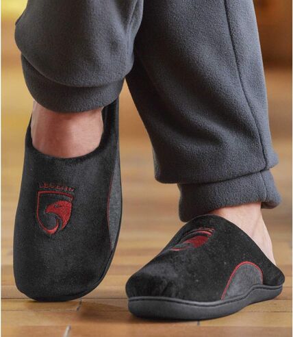 Men's Black Fleece-Lined Velour Slippers 