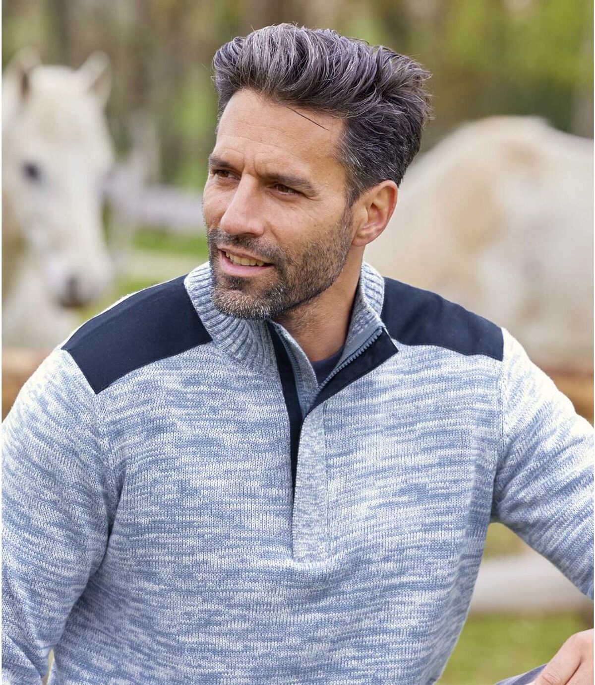 Bavlněný melírovaný pulovr se zipovým zapínáním u krku Atlas For Men