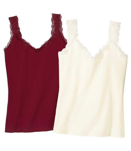 Pack of 2 Women's Lace Vest Tops - Ecru Burgundy