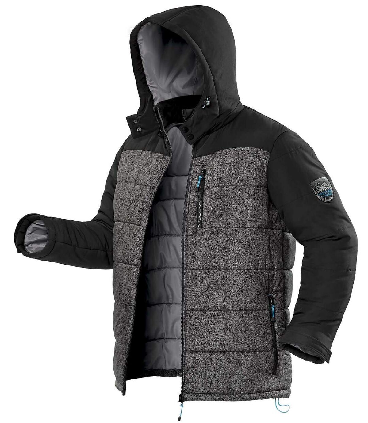 Men's Gray & Black Active-Utility Puffer Jacket with Hood - Water-Repellent - Full Zip Atlas For Men