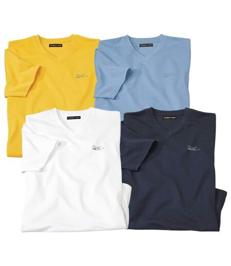 Pack of 4 Men's V-Neck T-Shirts - White Blue Yellow Navy